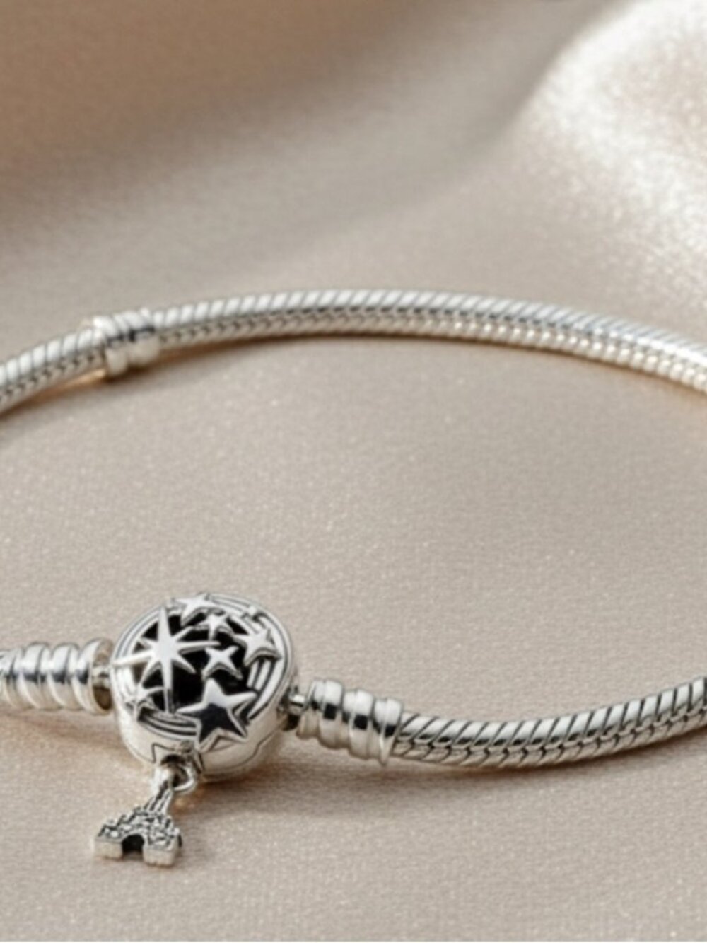 Pandora Style 925 Silver Bracelet With Star and Eiffel Tower Charm